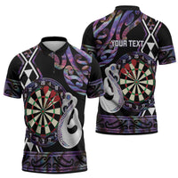 Personalised New Zealand Darts Zipper Polo Shirt Ngutukaka Manaia Taniko Luxury Purple - Polynesian Pride