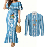 Fiji Day 1970 Couples Matching Mermaid Dress and Long Sleeve Button Shirt For Fiji Ever Fiji Tapa Pattern Blue LT14 Blue - Polynesian Pride
