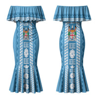 Fiji Day 1970 Couples Matching Mermaid Dress and Long Sleeve Button Shirt For Fiji Ever Fiji Tapa Pattern Blue LT14 - Polynesian Pride