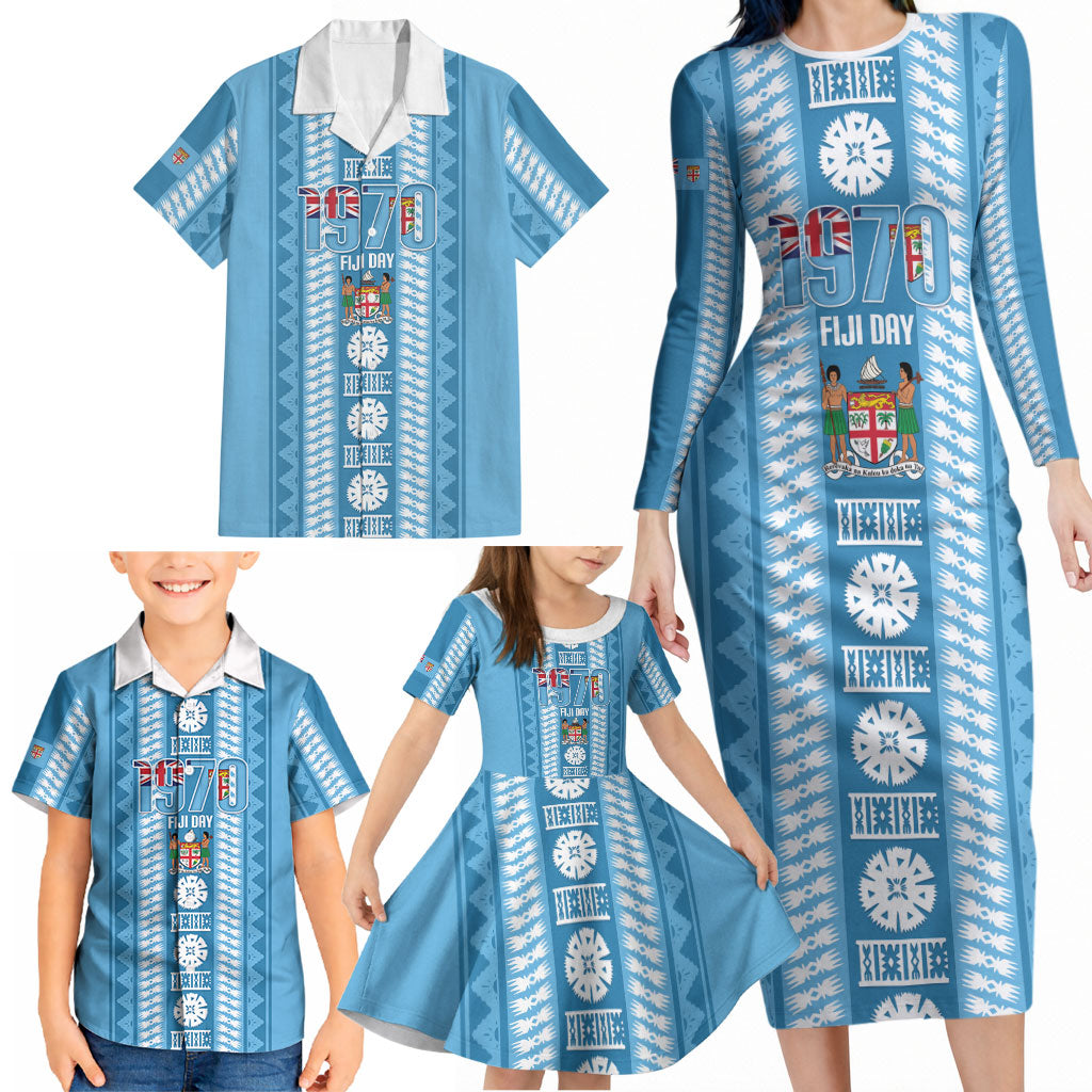 Fiji Day 1970 Family Matching Long Sleeve Bodycon Dress and Hawaiian Shirt For Fiji Ever Fiji Tapa Pattern Blue
