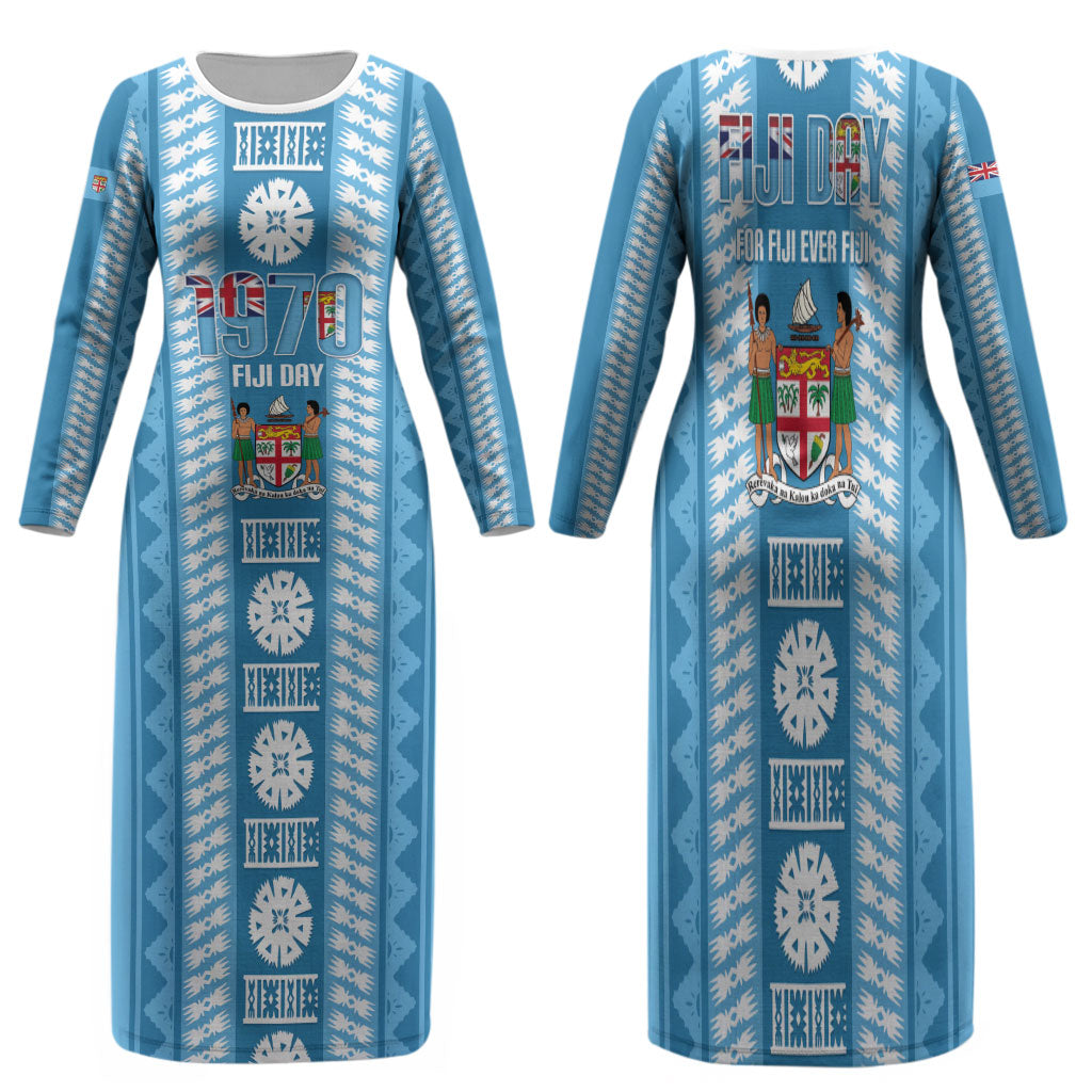Fiji Day 1970 Family Matching Long Sleeve Bodycon Dress and Hawaiian Shirt For Fiji Ever Fiji Tapa Pattern Blue