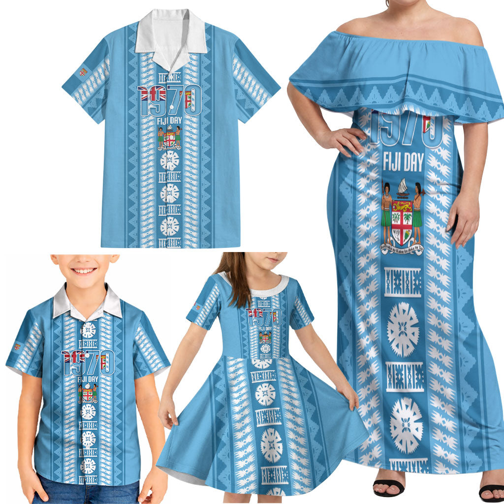 Fiji Day 1970 Family Matching Off Shoulder Maxi Dress and Hawaiian Shirt For Fiji Ever Fiji Tapa Pattern Blue