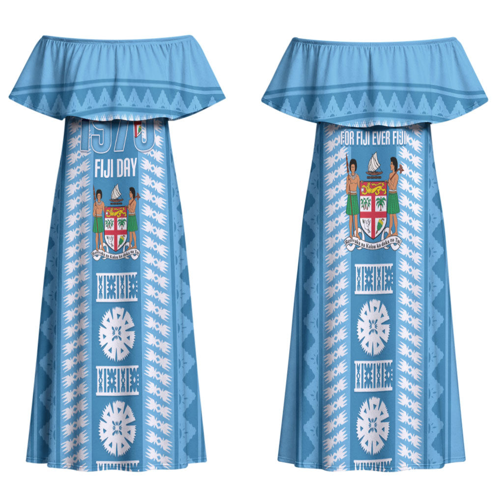 Fiji Day 1970 Family Matching Off Shoulder Maxi Dress and Hawaiian Shirt For Fiji Ever Fiji Tapa Pattern Blue