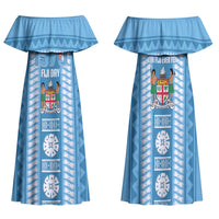 Fiji Day 1970 Family Matching Off Shoulder Maxi Dress and Hawaiian Shirt For Fiji Ever Fiji Tapa Pattern Blue