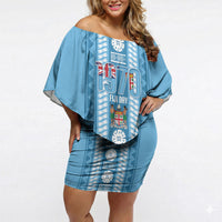 Fiji Day 1970 Off Shoulder Short Dress For Fiji Ever Fiji Tapa Pattern Blue LT14 Women Blue - Polynesian Pride
