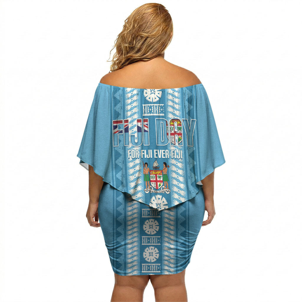 Fiji Day 1970 Off Shoulder Short Dress For Fiji Ever Fiji Tapa Pattern Blue LT14 - Polynesian Pride