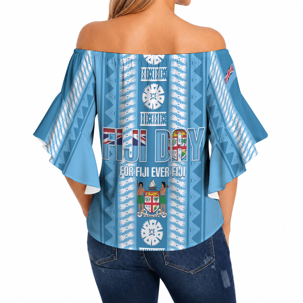 Fiji Day 1970 Off Shoulder Wrap Waist Top For Fiji Ever Fiji Tapa Pattern Blue LT14 - Polynesian Pride