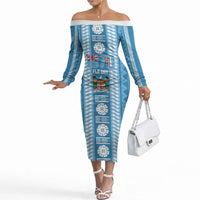Fiji Day 1970 Off The Shoulder Long Sleeve Dress For Fiji Ever Fiji Tapa Pattern Blue LT14 Women Blue - Polynesian Pride