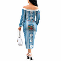 Fiji Day 1970 Off The Shoulder Long Sleeve Dress For Fiji Ever Fiji Tapa Pattern Blue LT14 - Polynesian Pride