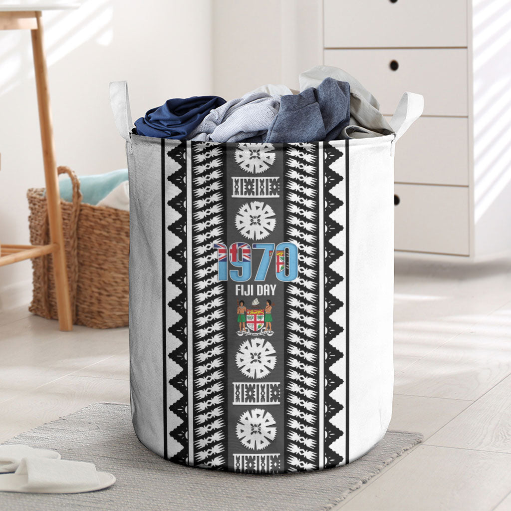 Fiji Day 1970 Laundry Basket For Fiji Ever Fiji Tapa Pattern White LT14 White - Polynesian Pride