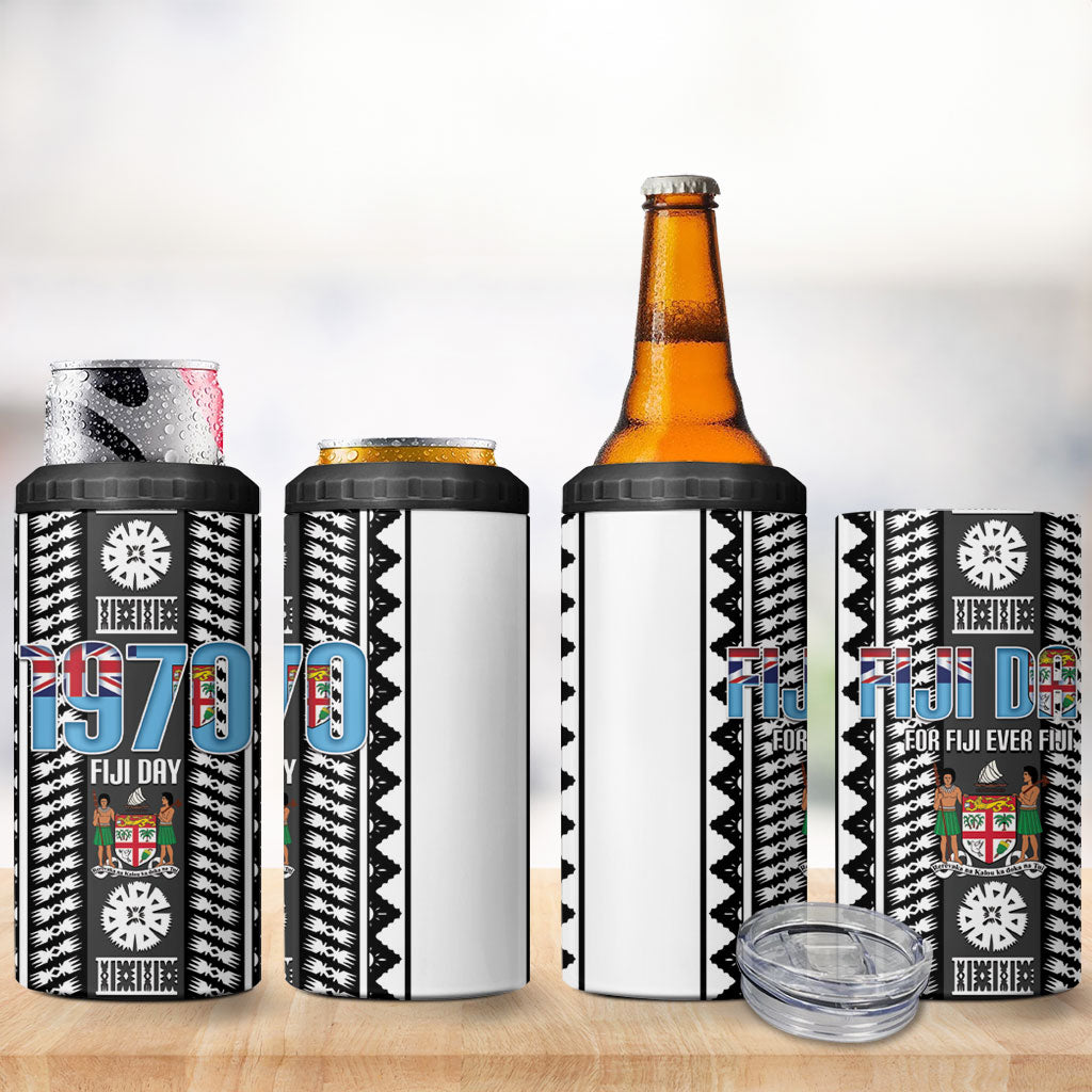Fiji Day 1970 4 in 1 Can Cooler Tumbler For Fiji Ever Fiji Tapa Pattern White LT14 - Polynesian Pride