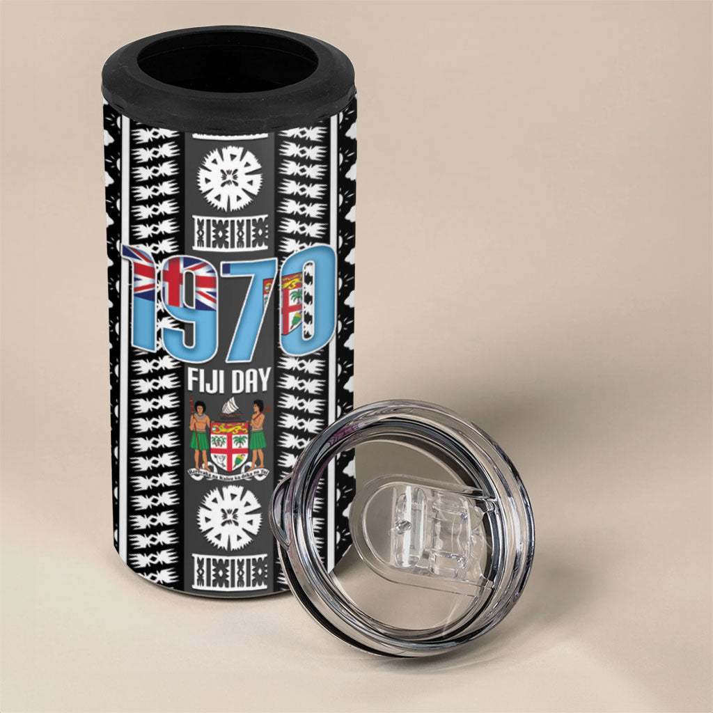 Fiji Day 1970 4 in 1 Can Cooler Tumbler For Fiji Ever Fiji Tapa Pattern White LT14 - Polynesian Pride