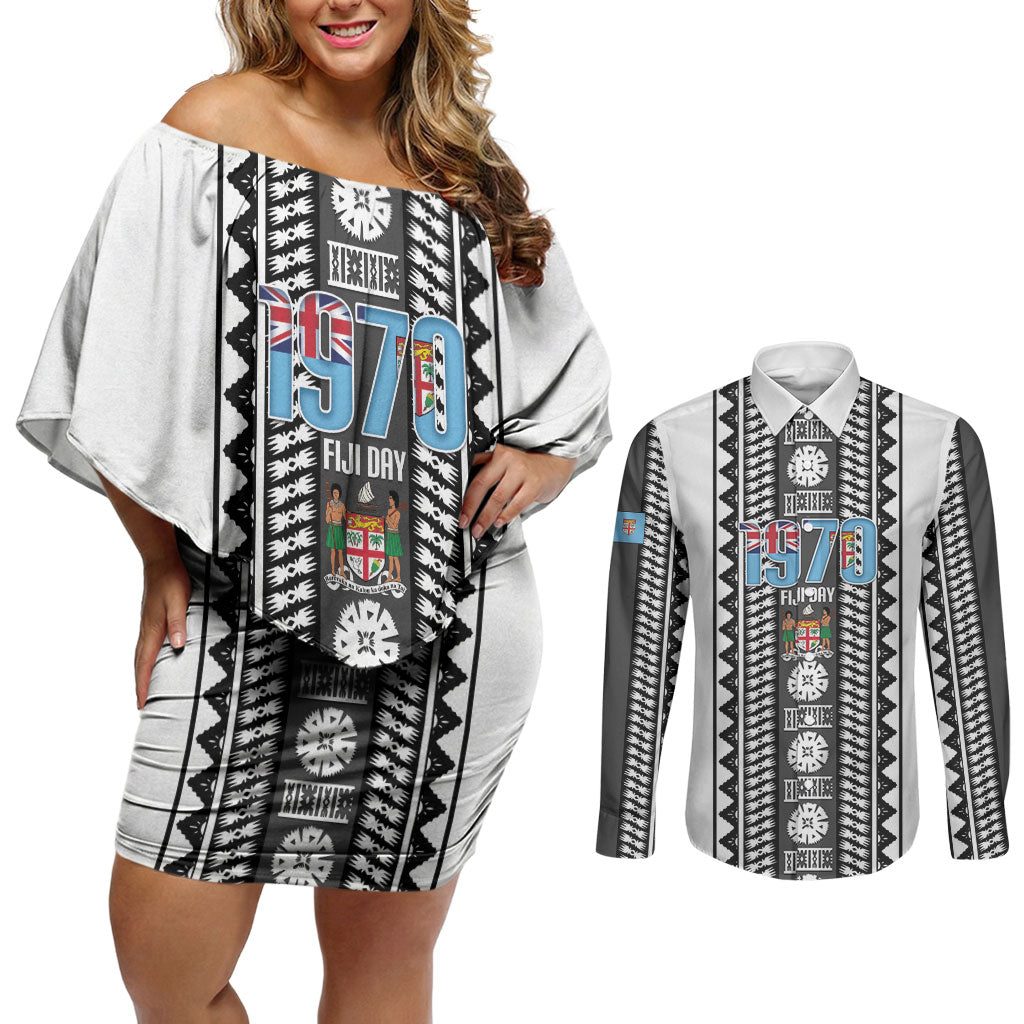 Fiji Day 1970 Couples Matching Off Shoulder Short Dress and Long Sleeve Button Shirt For Fiji Ever Fiji Tapa Pattern White