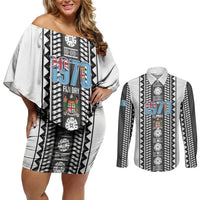 Fiji Day 1970 Couples Matching Off Shoulder Short Dress and Long Sleeve Button Shirt For Fiji Ever Fiji Tapa Pattern White