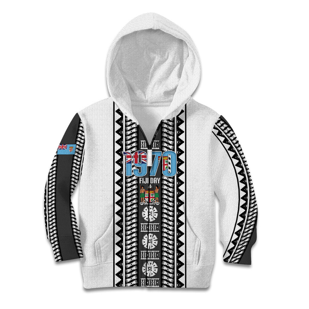 Fiji Day 1970 Kid Hoodie For Fiji Ever Fiji Tapa Pattern White LT14 Zip Hoodie White - Polynesian Pride