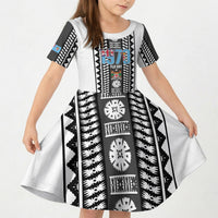 Fiji Day 1970 Kid Short Sleeve Dress For Fiji Ever Fiji Tapa Pattern White LT14 KID White - Polynesian Pride