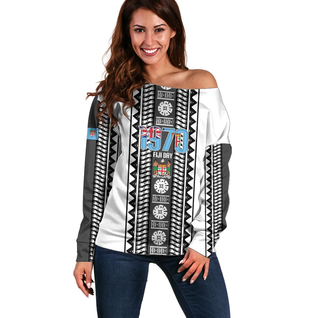 Fiji Day 1970 Off Shoulder Sweater For Fiji Ever Fiji Tapa Pattern White LT14 Women White - Polynesian Pride