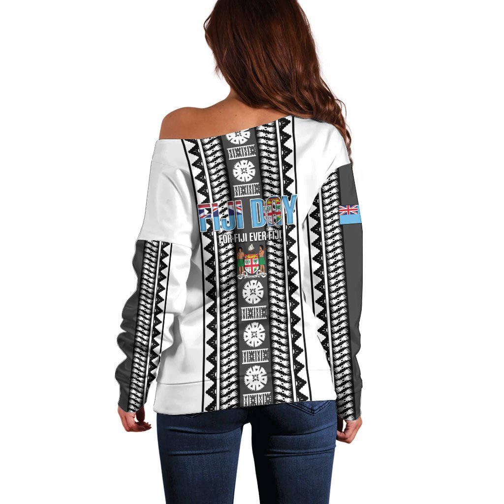 Fiji Day 1970 Off Shoulder Sweater For Fiji Ever Fiji Tapa Pattern White LT14 - Polynesian Pride