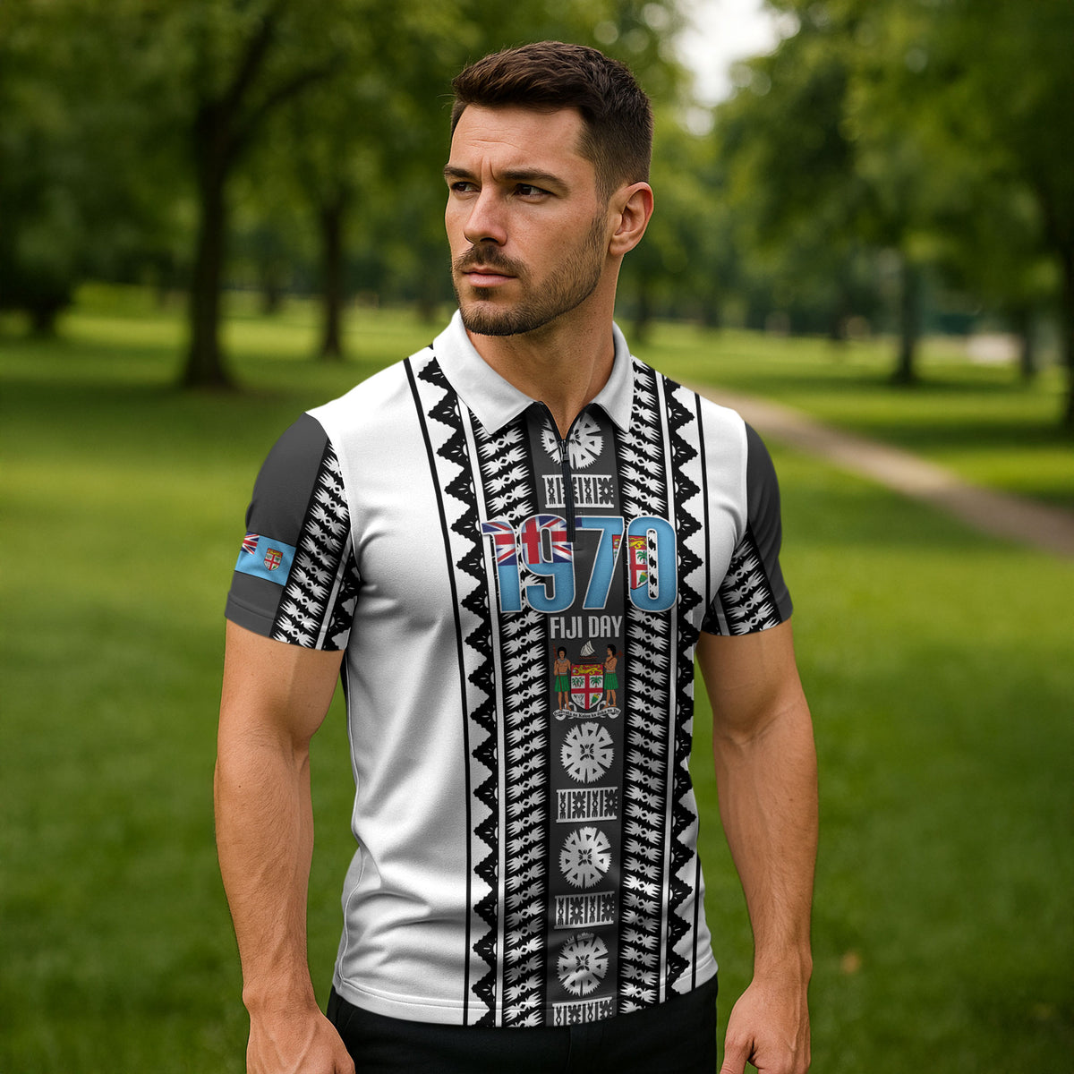 Fiji Day 1970 Zipper Polo Shirt For Fiji Ever Fiji Tapa Pattern White LT14 - Polynesian Pride