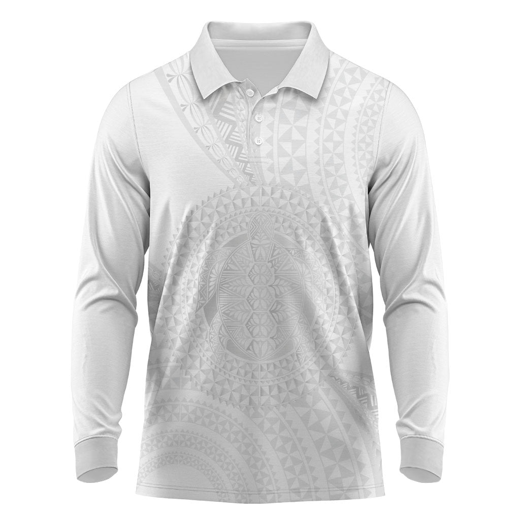 Tonga White Sunday Long Sleeve Polo Shirt Fakame Tongan Ngatu Turtle LT14 White - Polynesian Pride