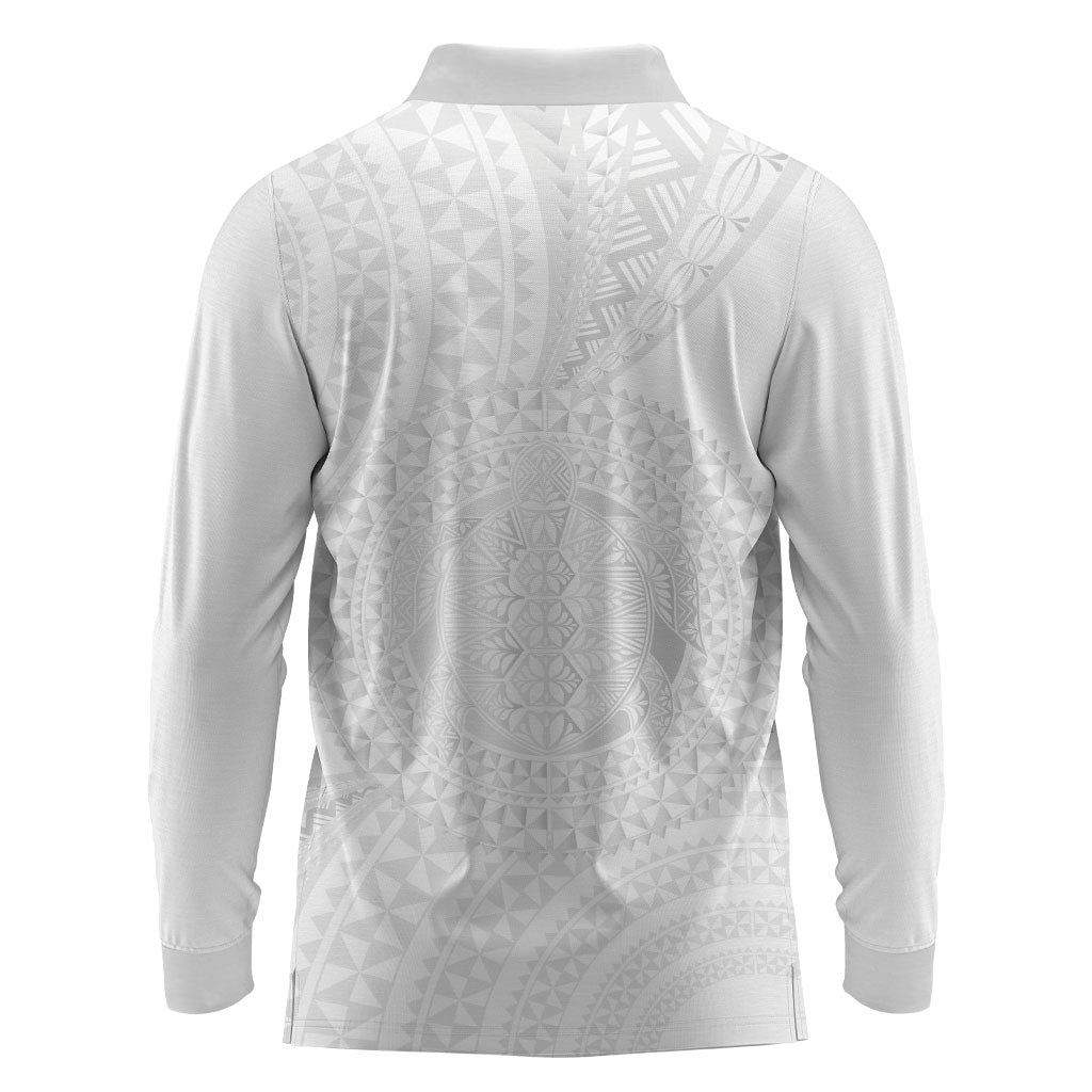 Tonga White Sunday Long Sleeve Polo Shirt Fakame Tongan Ngatu Turtle LT14 - Polynesian Pride