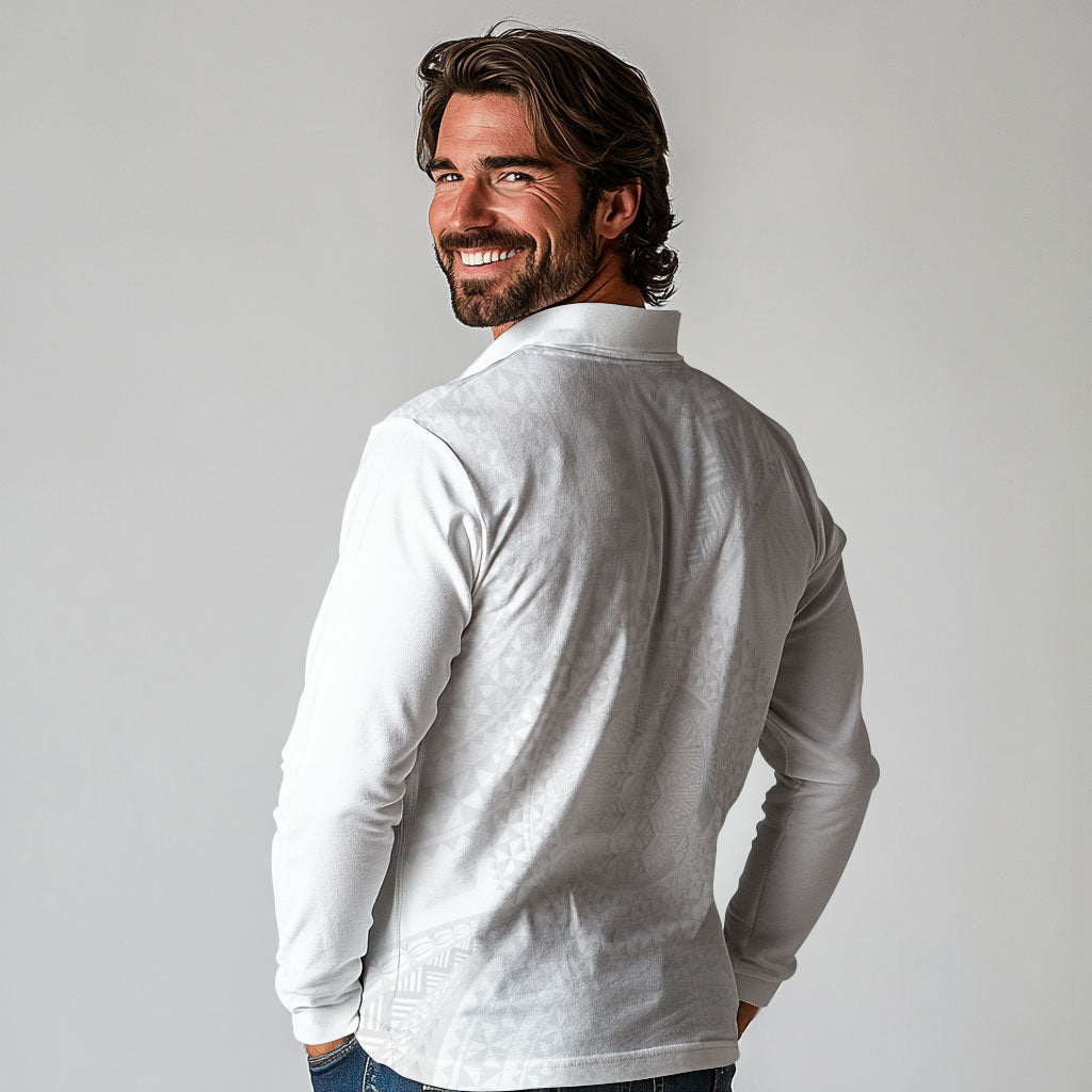 Tonga White Sunday Long Sleeve Polo Shirt Fakame Tongan Ngatu Turtle LT14 - Polynesian Pride