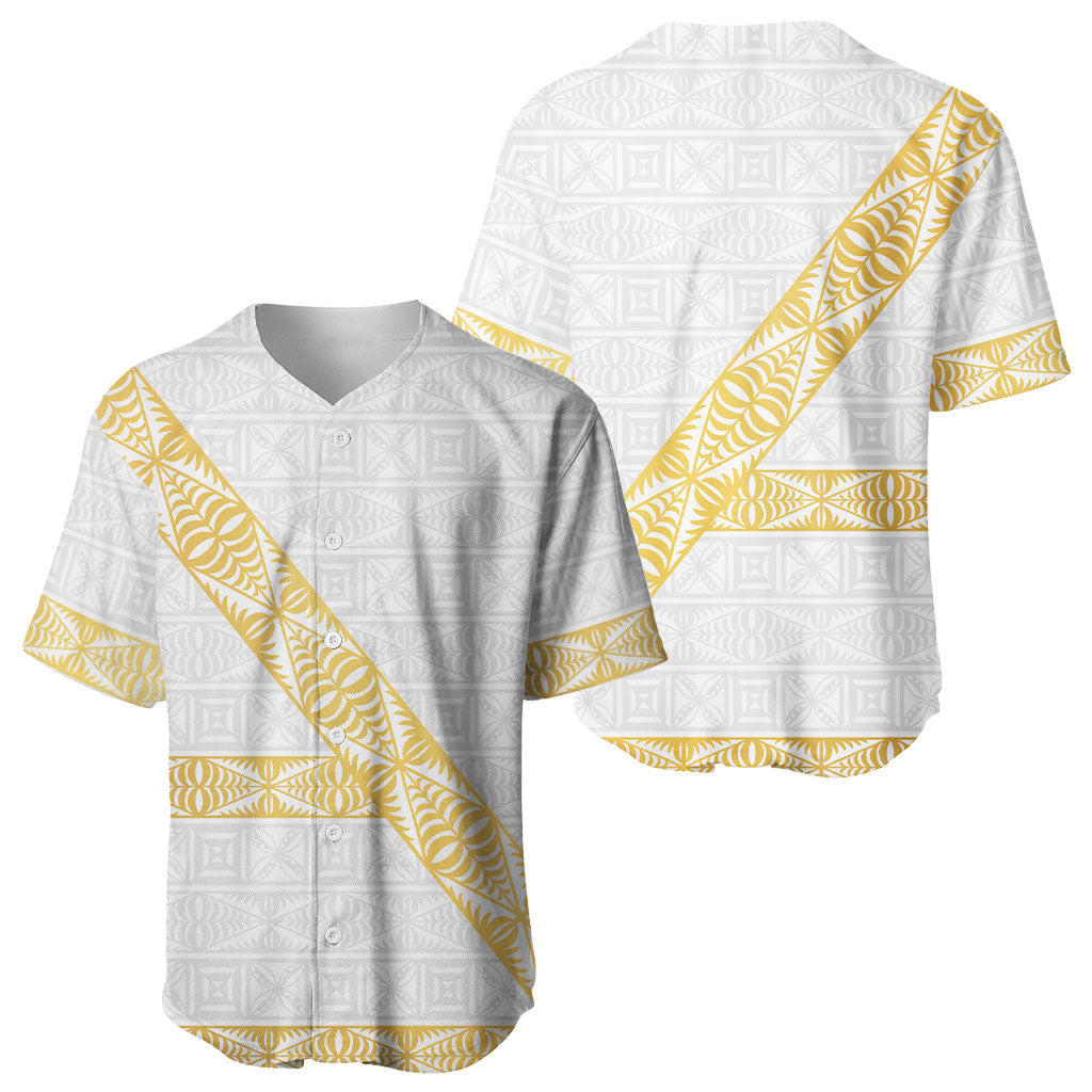Tonga White Sunday Baseball Jersey Fakame Tongan Ngatu Pattern Gold Strips LT14 - Polynesian Pride