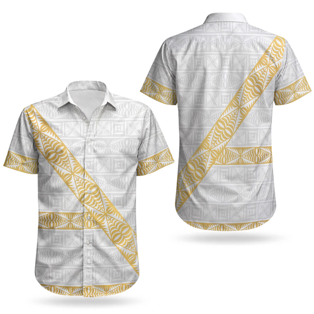 Tonga White Sunday Couples Matching Long Sleeve Bodycon Dress and Hawaiian Shirt Fakame Tongan Ngatu Pattern Gold Strips LT14 - Polynesian Pride