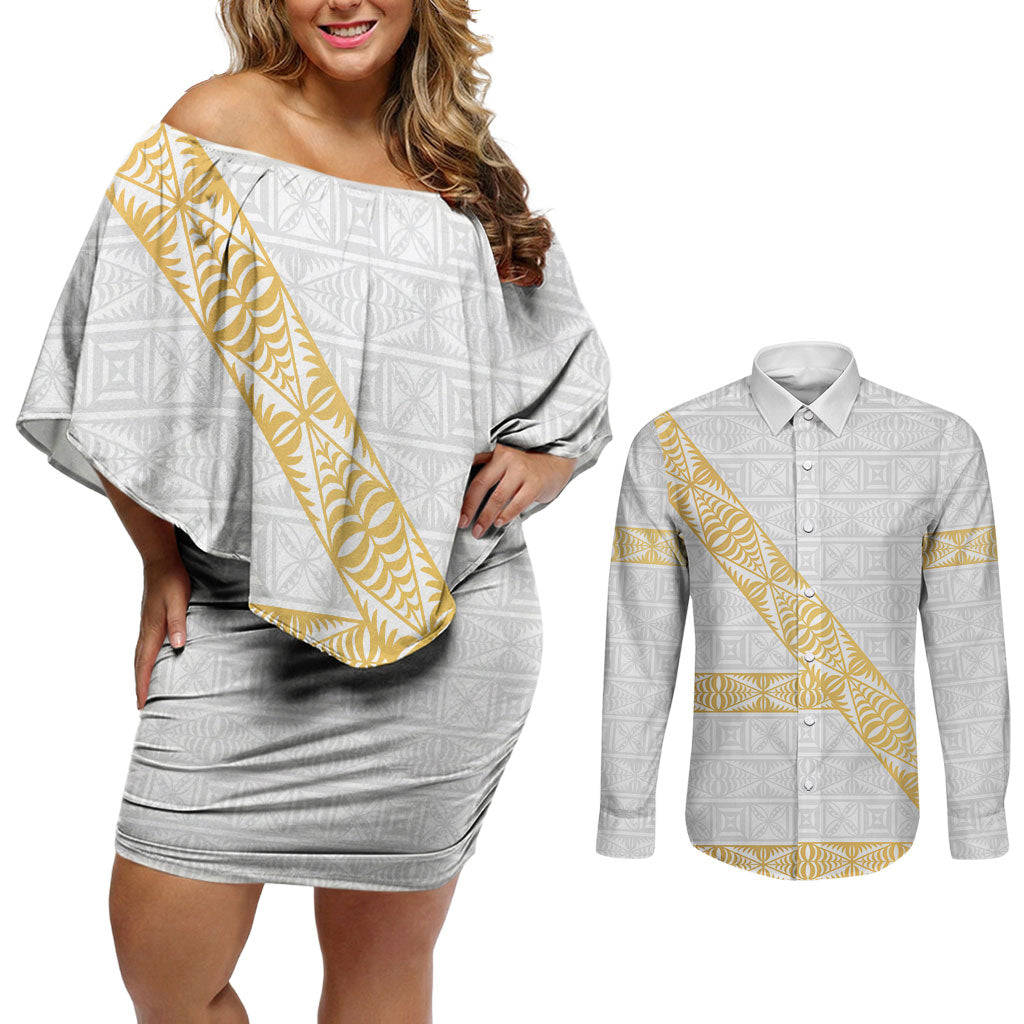Tonga White Sunday Couples Matching Off Shoulder Short Dress and Long Sleeve Button Shirt Fakame Tongan Ngatu Pattern Gold Strips LT14 White - Polynesian Pride