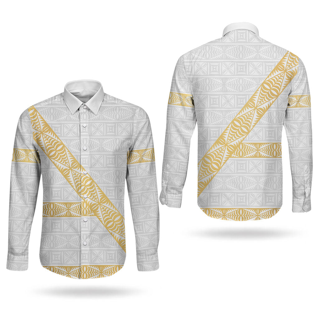 Tonga White Sunday Couples Matching Off Shoulder Short Dress and Long Sleeve Button Shirt Fakame Tongan Ngatu Pattern Gold Strips LT14 - Polynesian Pride