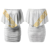 Tonga White Sunday Couples Matching Off Shoulder Short Dress and Long Sleeve Button Shirt Fakame Tongan Ngatu Pattern Gold Strips LT14 - Polynesian Pride