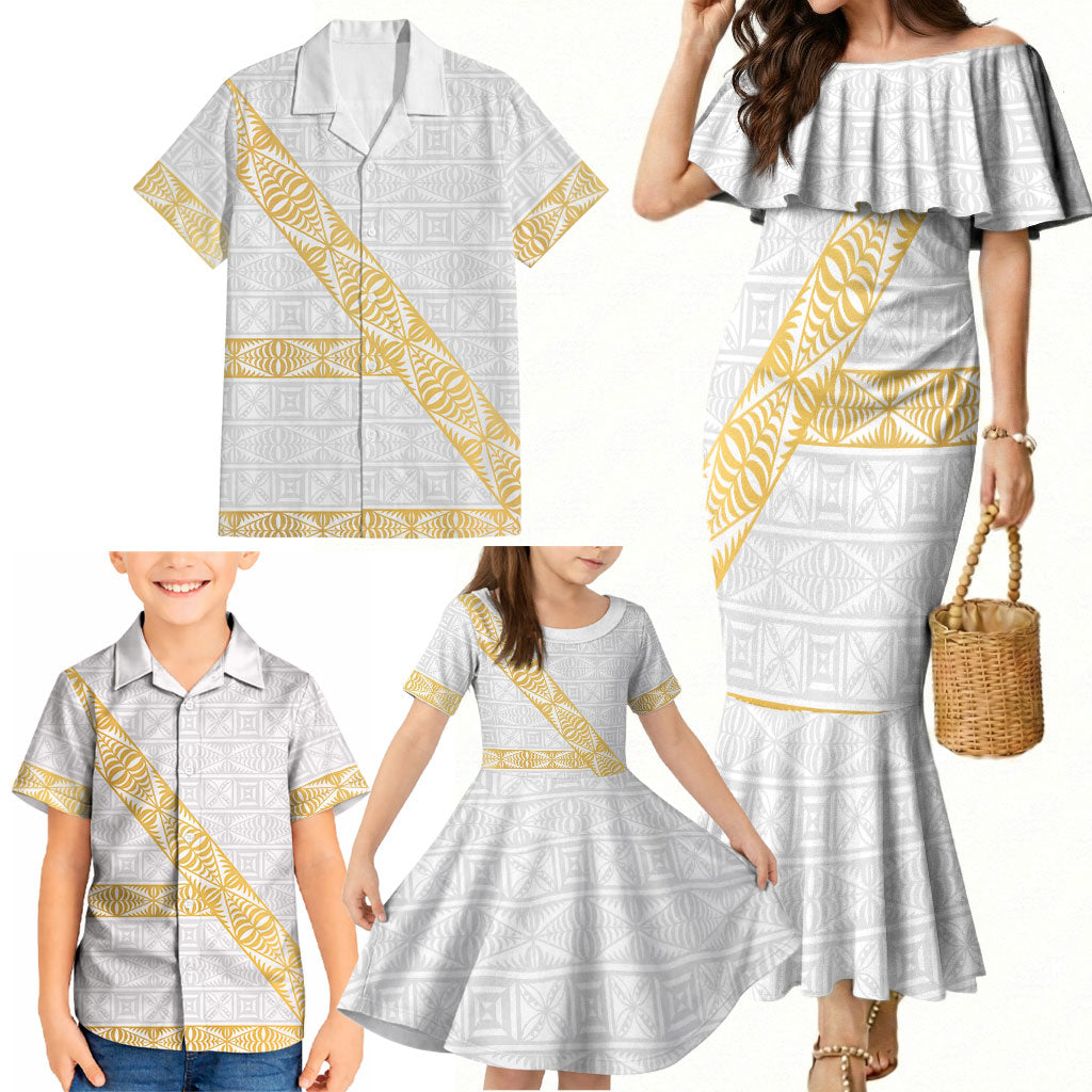 Tonga White Sunday Family Matching Mermaid Dress and Hawaiian Shirt Fakame Tongan Ngatu Pattern Gold Strips LT14 - Polynesian Pride