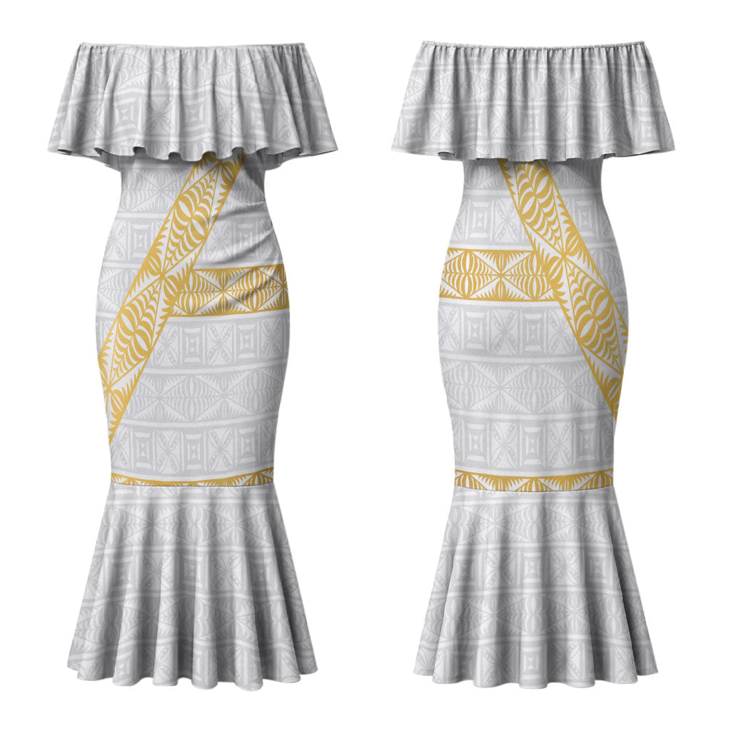 Tonga White Sunday Family Matching Mermaid Dress and Hawaiian Shirt Fakame Tongan Ngatu Pattern Gold Strips LT14 Mom's Dress White - Polynesian Pride