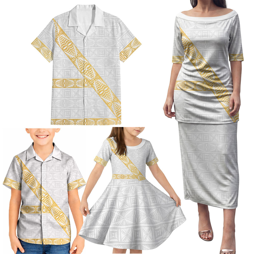 Tonga White Sunday Family Matching Puletasi and Hawaiian Shirt Fakame Tongan Ngatu Pattern Gold Strips LT14 - Polynesian Pride