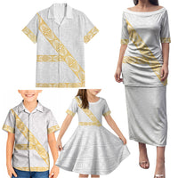 Tonga White Sunday Family Matching Puletasi and Hawaiian Shirt Fakame Tongan Ngatu Pattern Gold Strips LT14 - Polynesian Pride