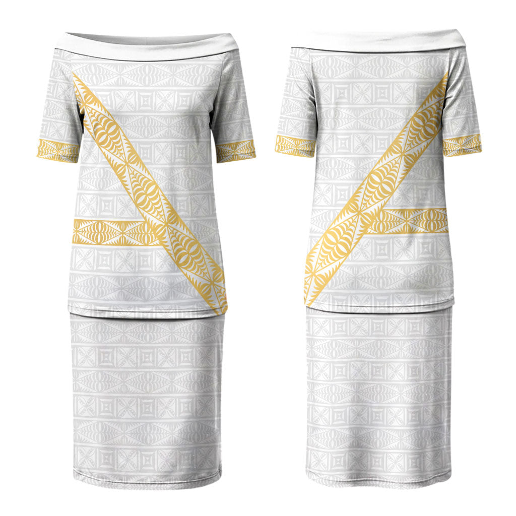 Tonga White Sunday Family Matching Puletasi and Hawaiian Shirt Fakame Tongan Ngatu Pattern Gold Strips LT14 Mom's Dress White - Polynesian Pride
