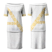 Tonga White Sunday Family Matching Puletasi and Hawaiian Shirt Fakame Tongan Ngatu Pattern Gold Strips LT14 Mom's Dress White - Polynesian Pride