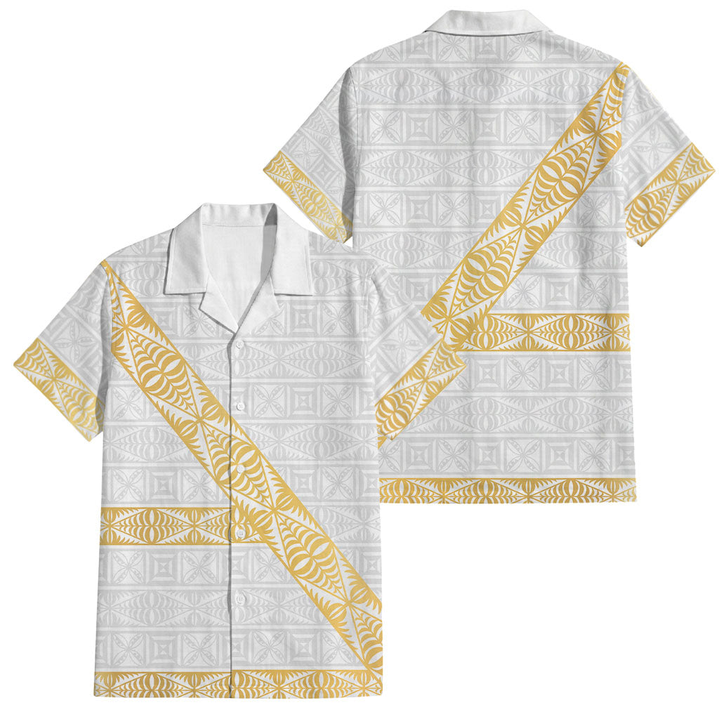 Tonga White Sunday Family Matching Puletasi and Hawaiian Shirt Fakame Tongan Ngatu Pattern Gold Strips LT14 Dad's Shirt - Short Sleeve White - Polynesian Pride