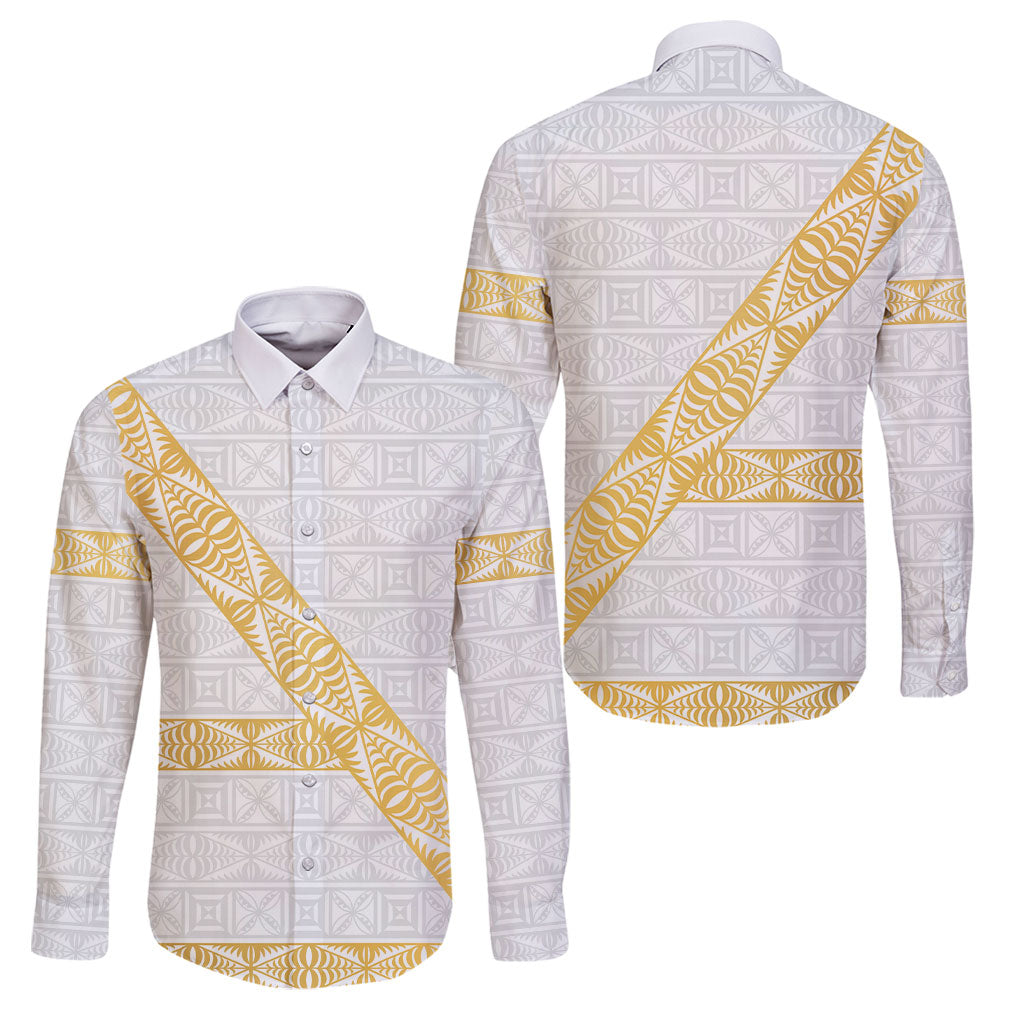 Tonga White Sunday Family Matching Puletasi and Hawaiian Shirt Fakame Tongan Ngatu Pattern Gold Strips LT14 Dad's Shirt - Long Sleeve White - Polynesian Pride