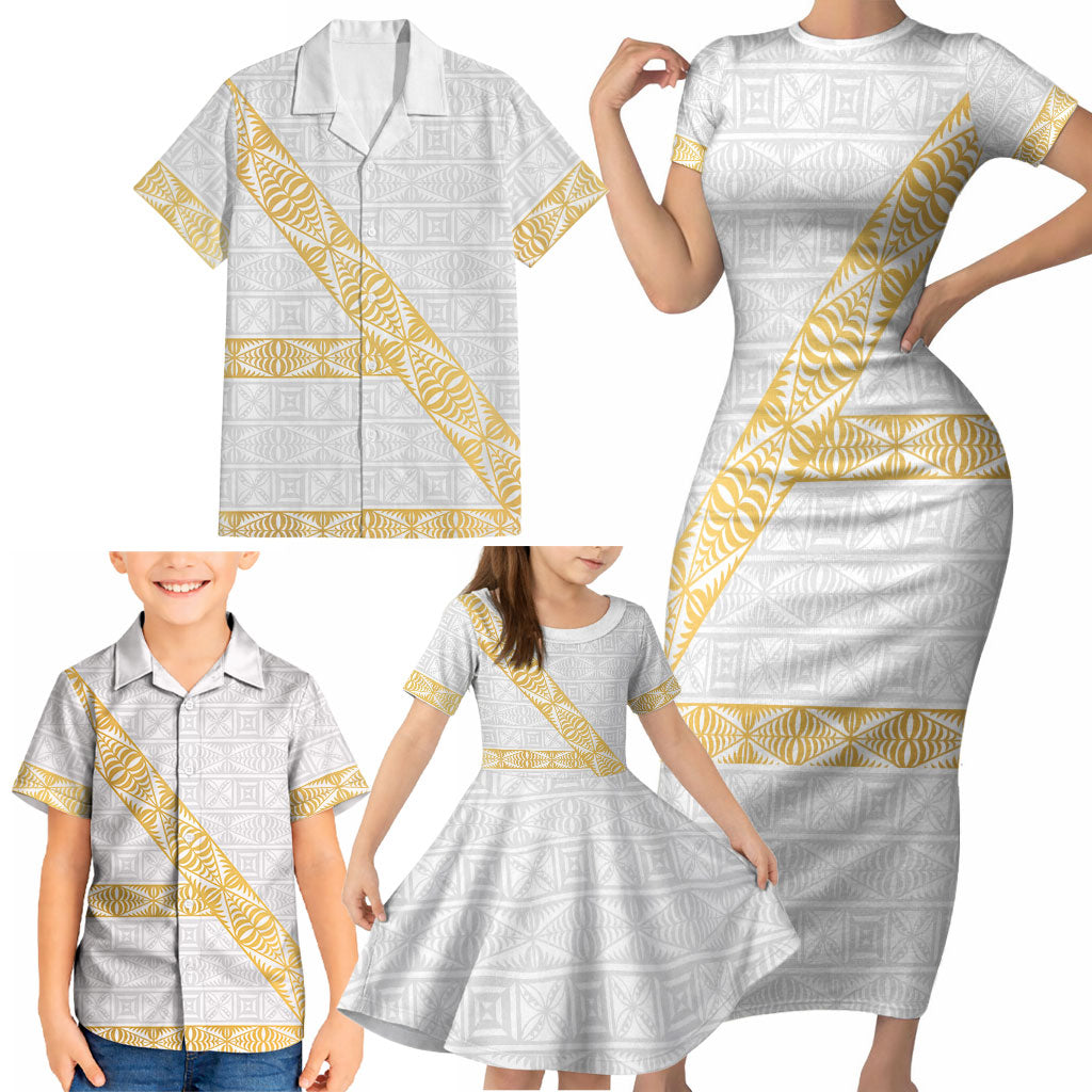 Tonga White Sunday Family Matching Short Sleeve Bodycon Dress and Hawaiian Shirt Fakame Tongan Ngatu Pattern Gold Strips
