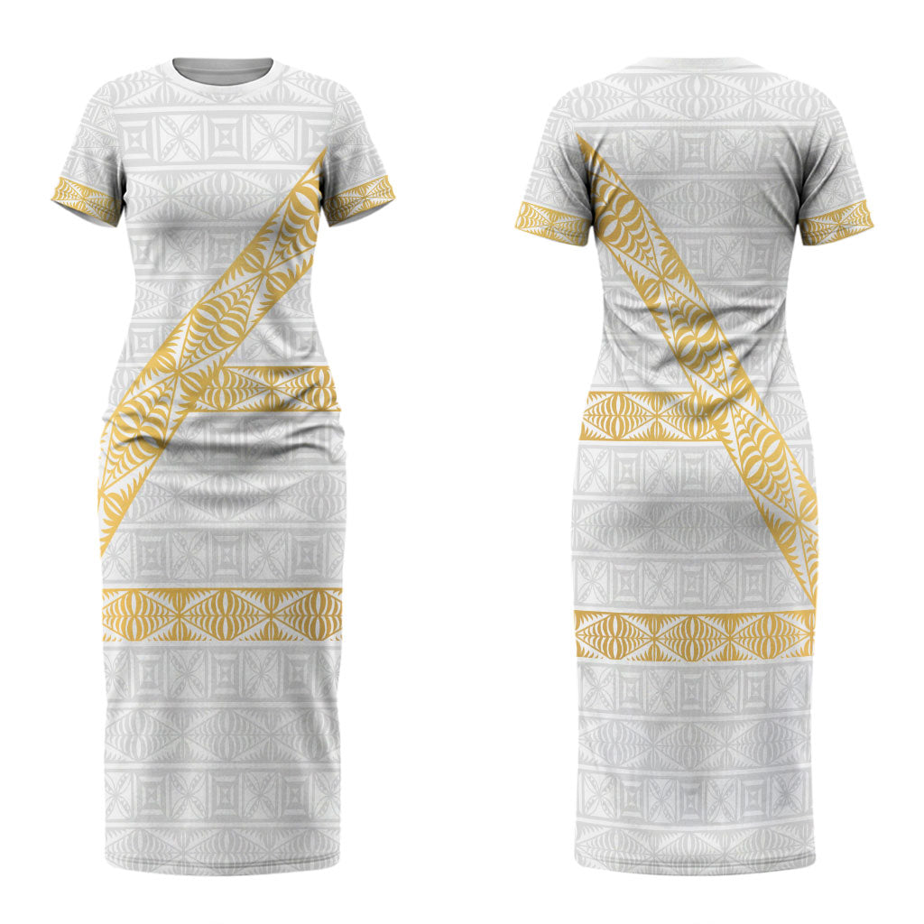 Tonga White Sunday Family Matching Short Sleeve Bodycon Dress and Hawaiian Shirt Fakame Tongan Ngatu Pattern Gold Strips