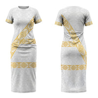 Tonga White Sunday Family Matching Short Sleeve Bodycon Dress and Hawaiian Shirt Fakame Tongan Ngatu Pattern Gold Strips