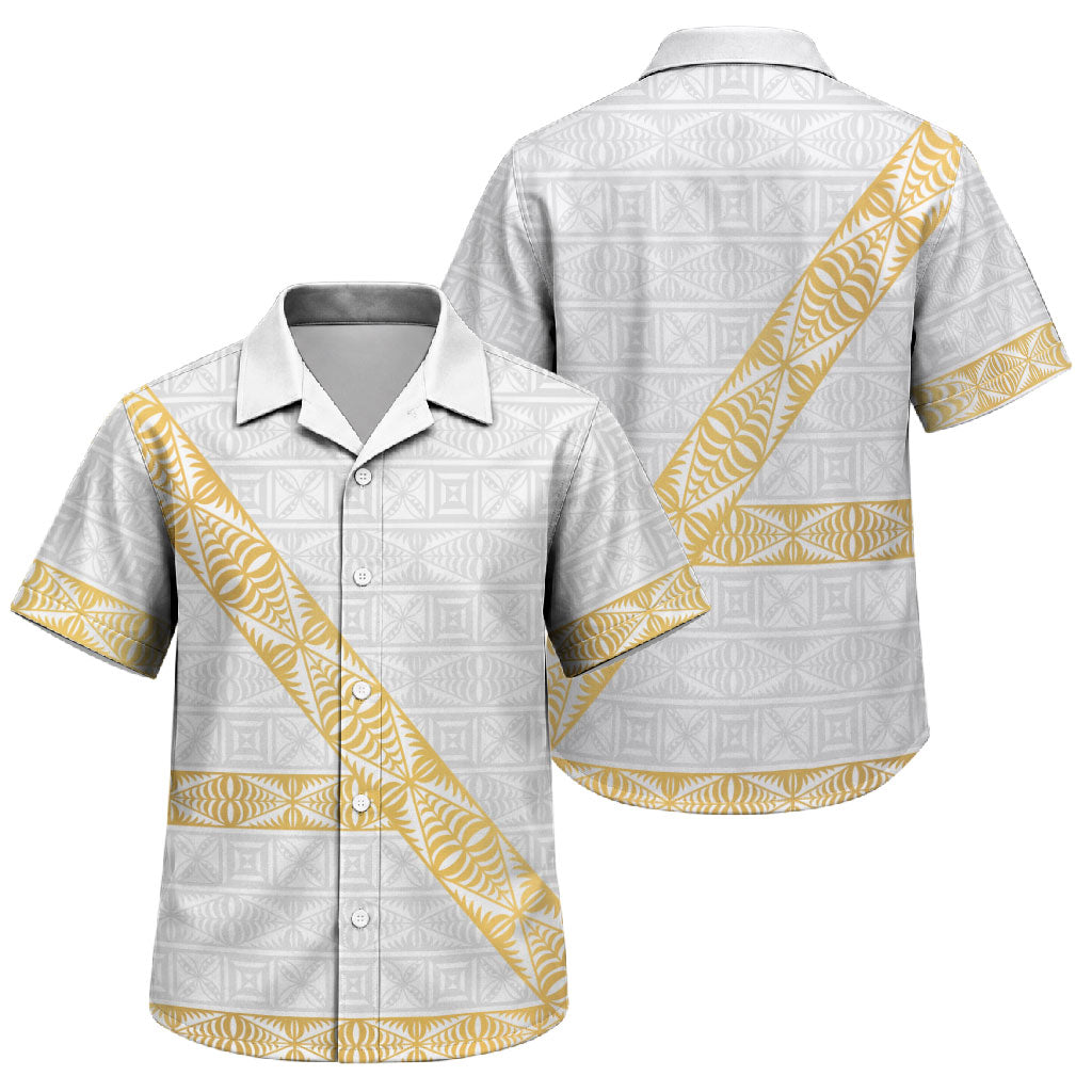 Tonga White Sunday Family Matching Short Sleeve Bodycon Dress and Hawaiian Shirt Fakame Tongan Ngatu Pattern Gold Strips
