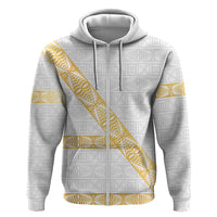 Tonga White Sunday Hoodie Fakame Tongan Ngatu Pattern Gold Strips LT14 Zip Hoodie White - Polynesian Pride
