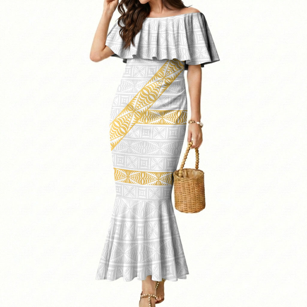 Tonga White Sunday Mermaid Dress Fakame Tongan Ngatu Pattern Gold Strips LT14 Women White - Polynesian Pride