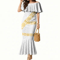Tonga White Sunday Mermaid Dress Fakame Tongan Ngatu Pattern Gold Strips LT14 Women White - Polynesian Pride