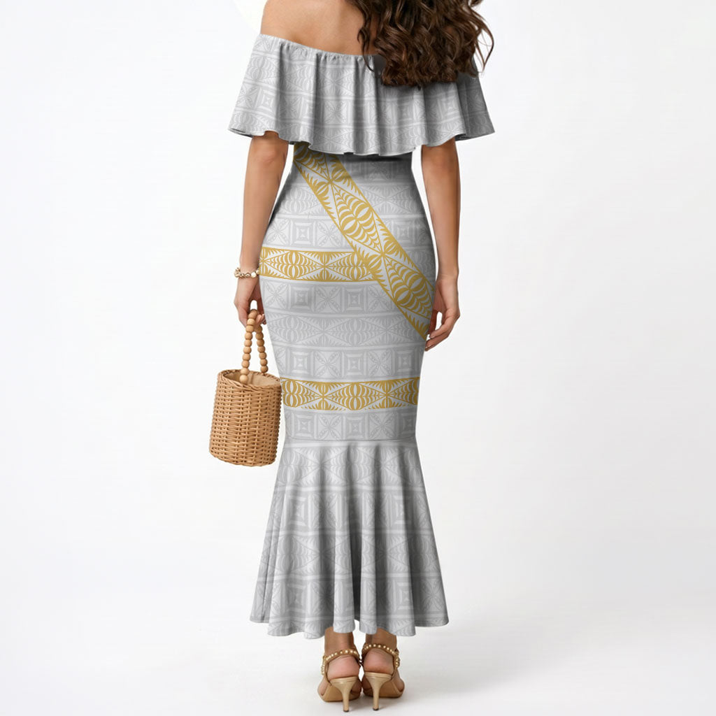 Tonga White Sunday Mermaid Dress Fakame Tongan Ngatu Pattern Gold Strips LT14 - Polynesian Pride