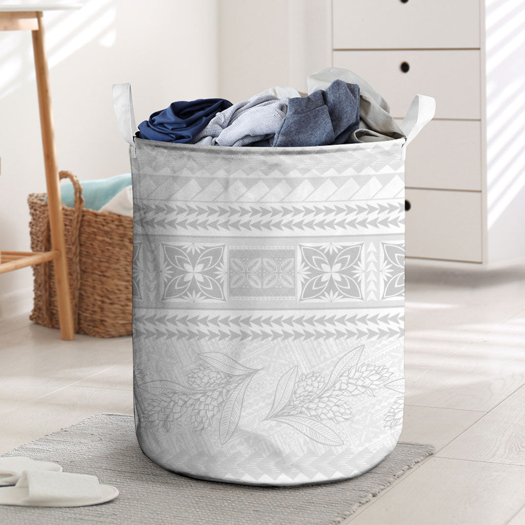 Samoa White Sunday Laundry Basket Lotu Tamaiti Samoan Siapo Teuila Flowers LT14 White - Polynesian Pride