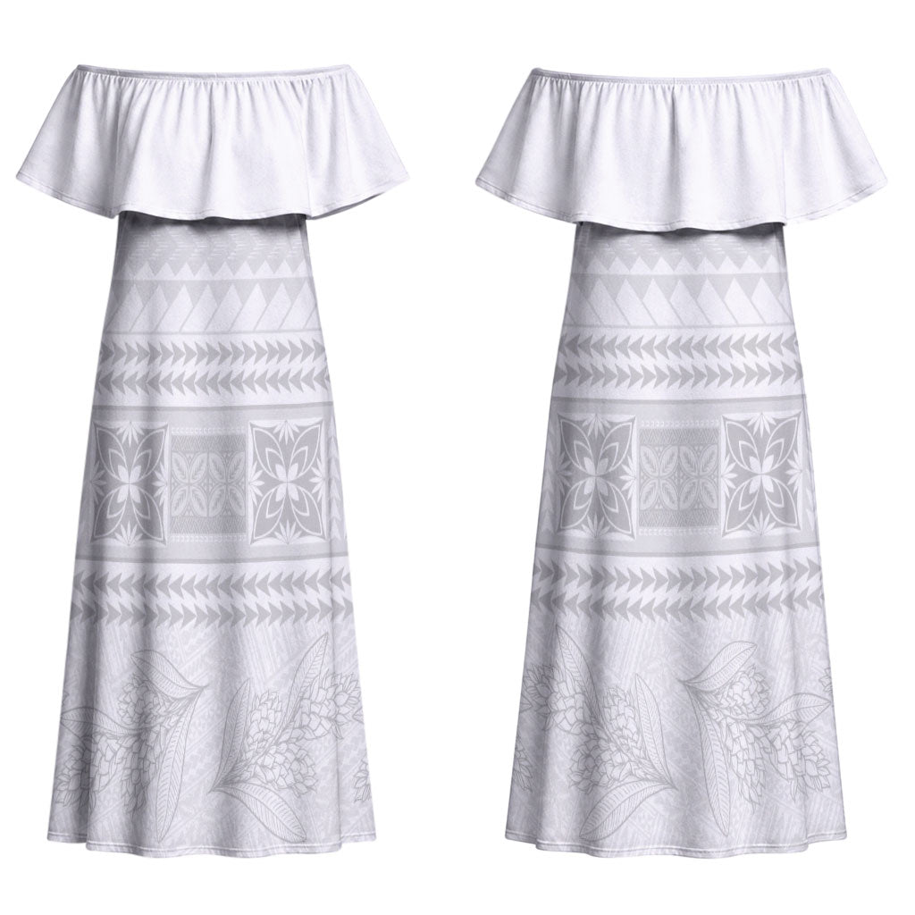 Samoa White Sunday Couples Matching Off Shoulder Maxi Dress and Hawaiian Shirt Lotu Tamaiti Samoan Siapo Teuila Flowers LT14 - Polynesian Pride