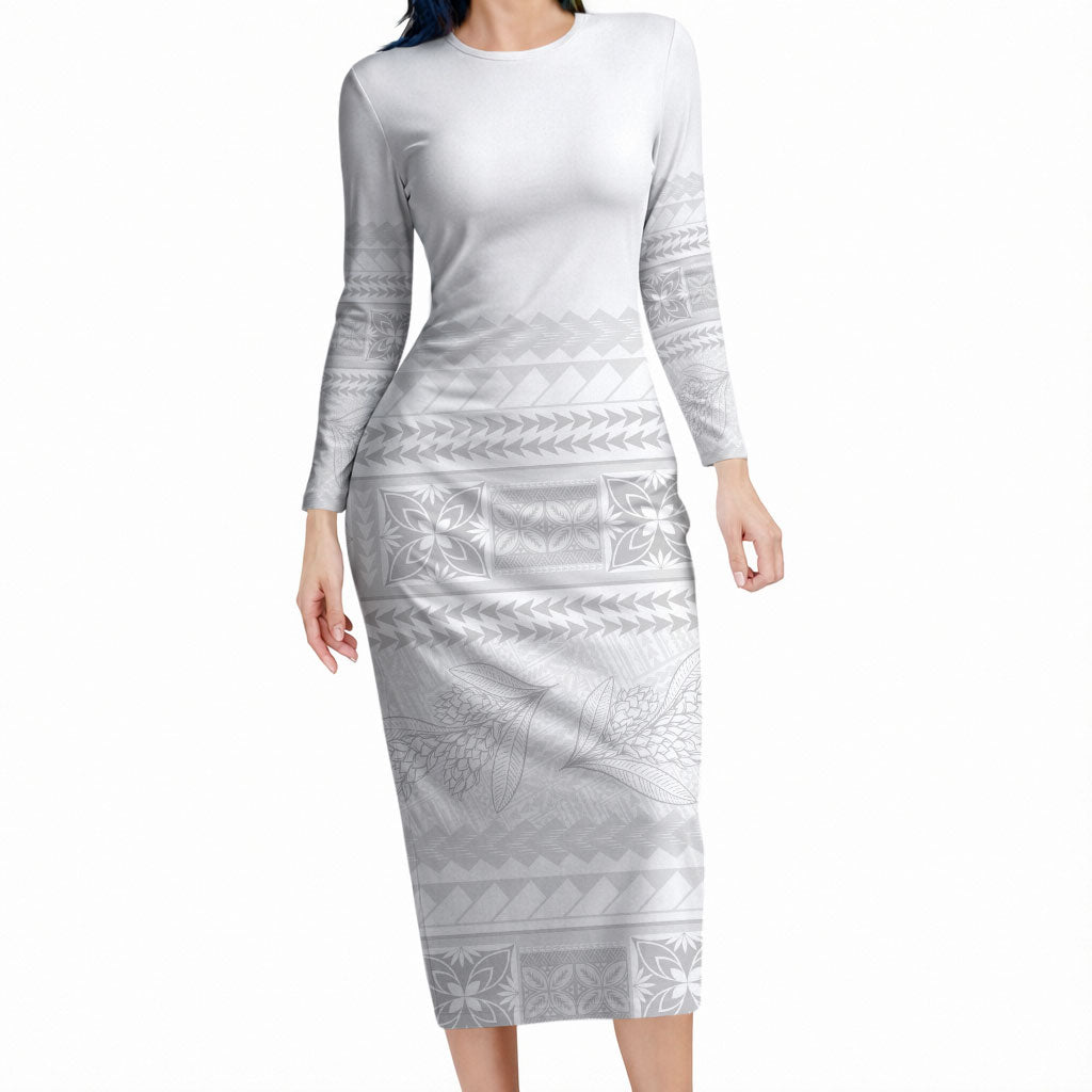Samoa White Sunday Long Sleeve Bodycon Dress Lotu Tamaiti Samoan Siapo Teuila Flowers LT14 Long Dress White - Polynesian Pride